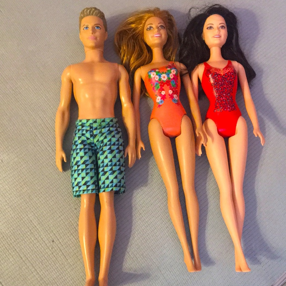 Swimsuit Barbies and 2 Male Dolls in Trunks, set of 7 dolls
